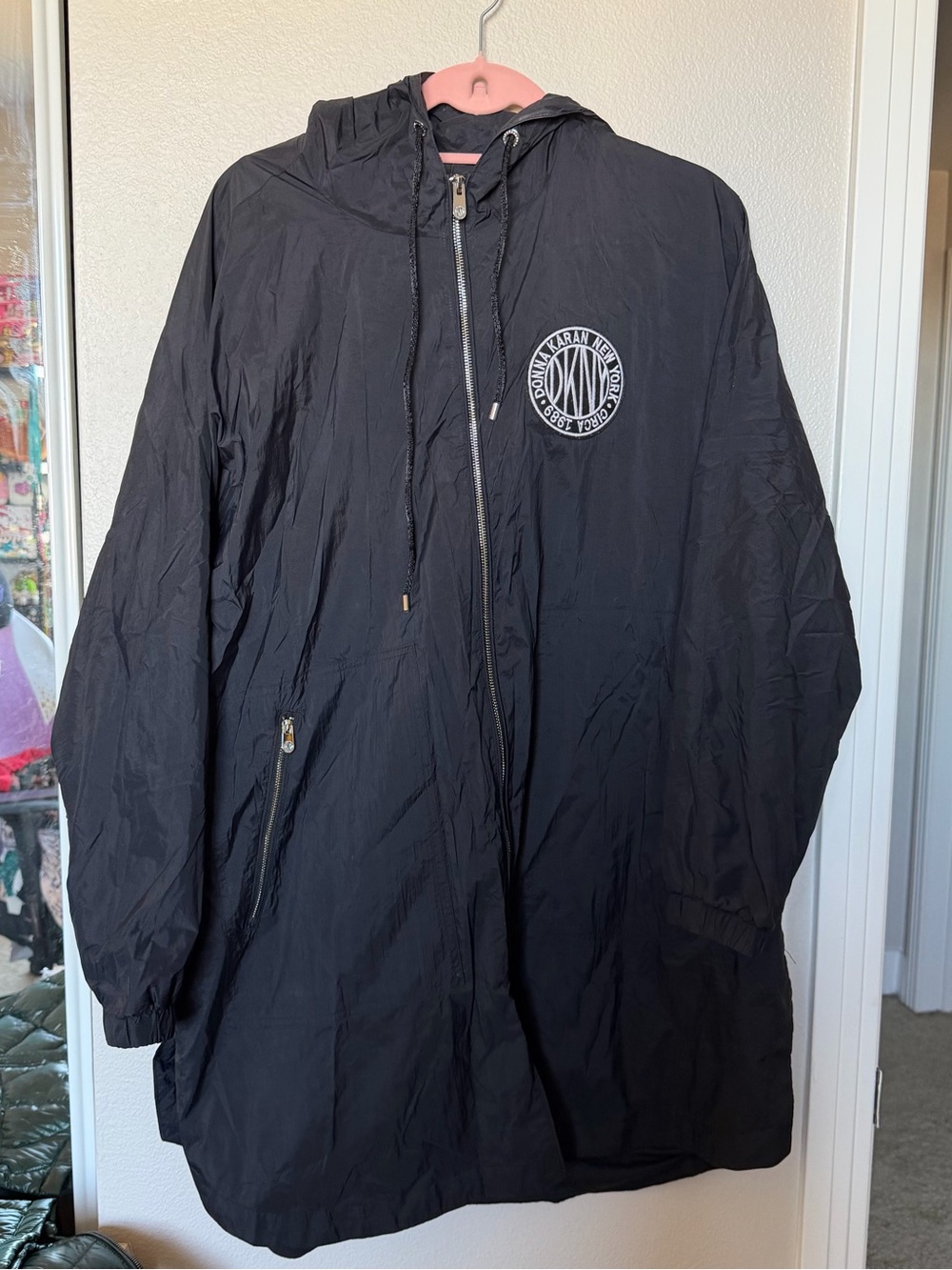 DKNY Black Hooded Windbreaker with White Circular Logo